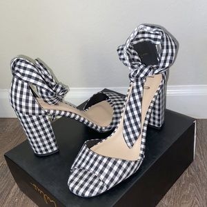 Covington black & white gingham ankle strap heels